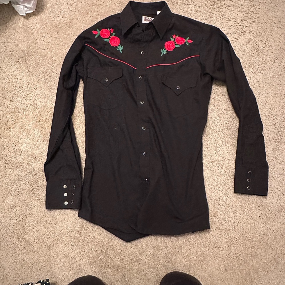 Black Western Shirt with Red Floral Embroidery
